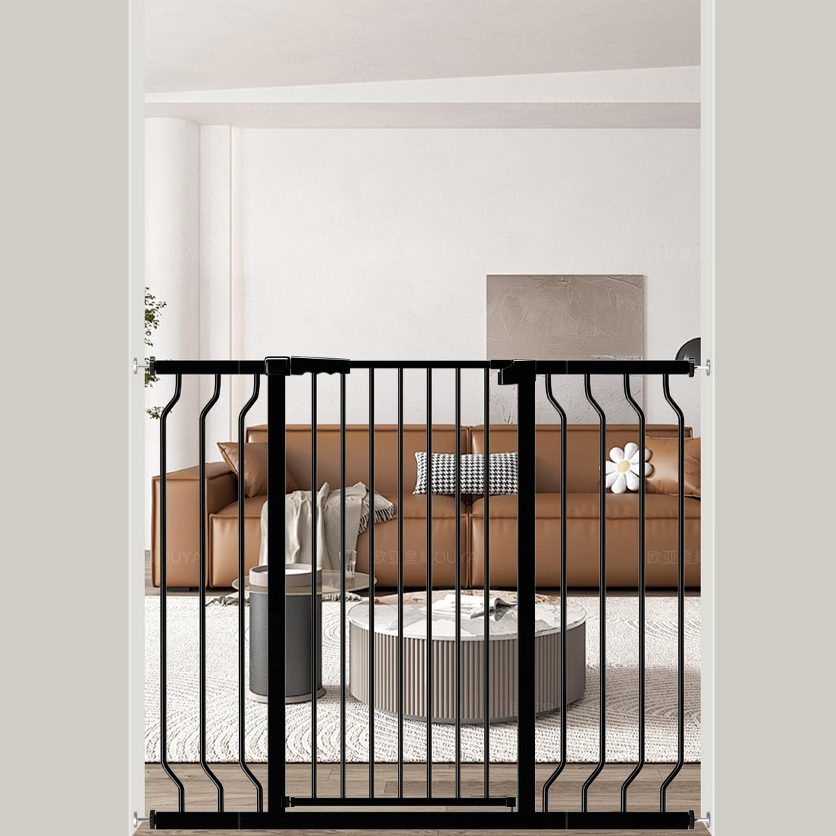 ALLAIBB baby gate black front view with sturdy steel construction for durable child safety.
