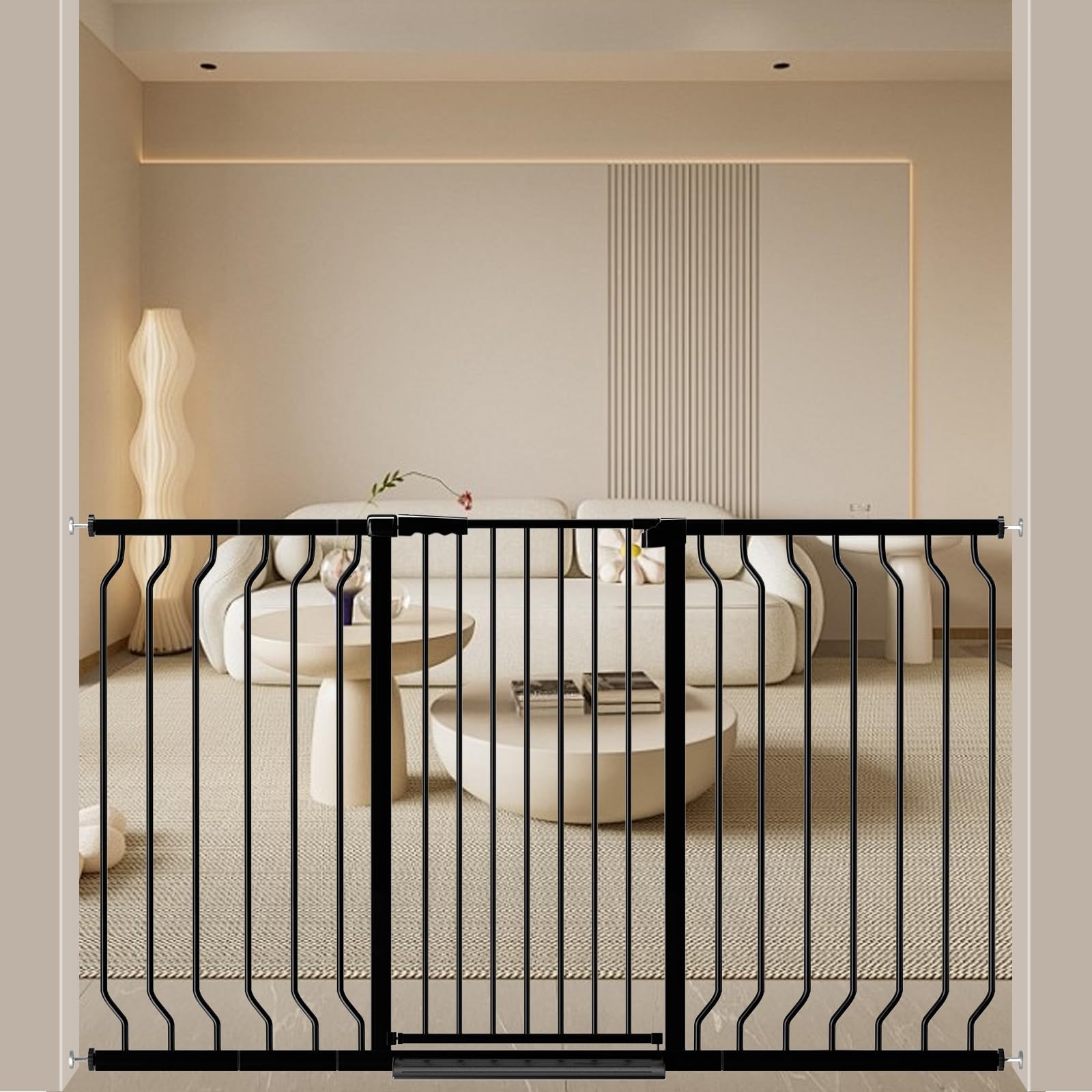 ALLAIBB black baby gate exterior view shows doorway safety and sturdy build.