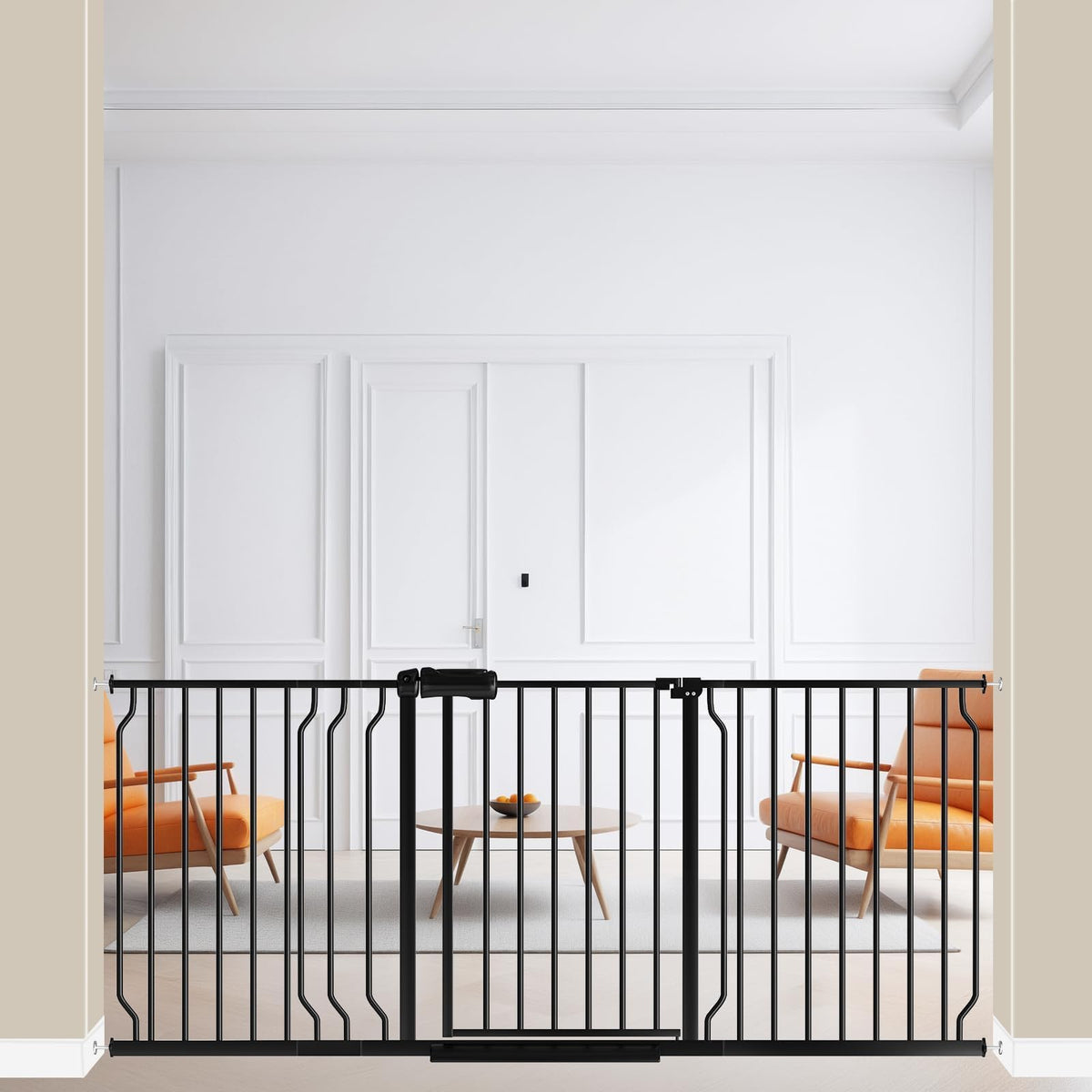 ALLAIBB extra wide baby gate front view shows sturdy steel construction for home safety.