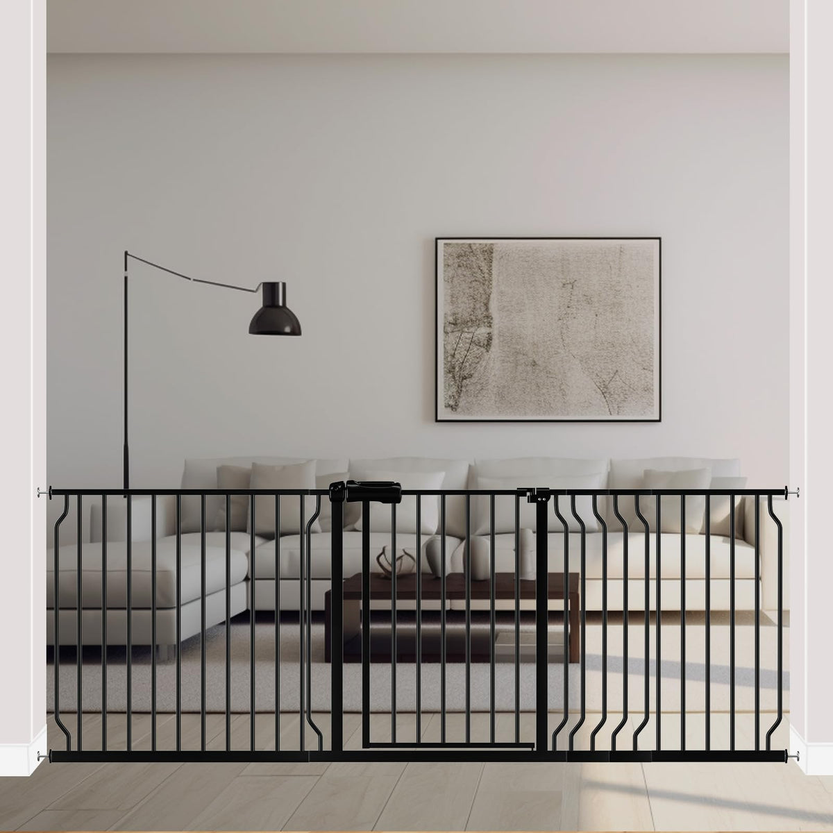 ALLAIBB extra wide gate front view shows durable steel and a sleek black finish.