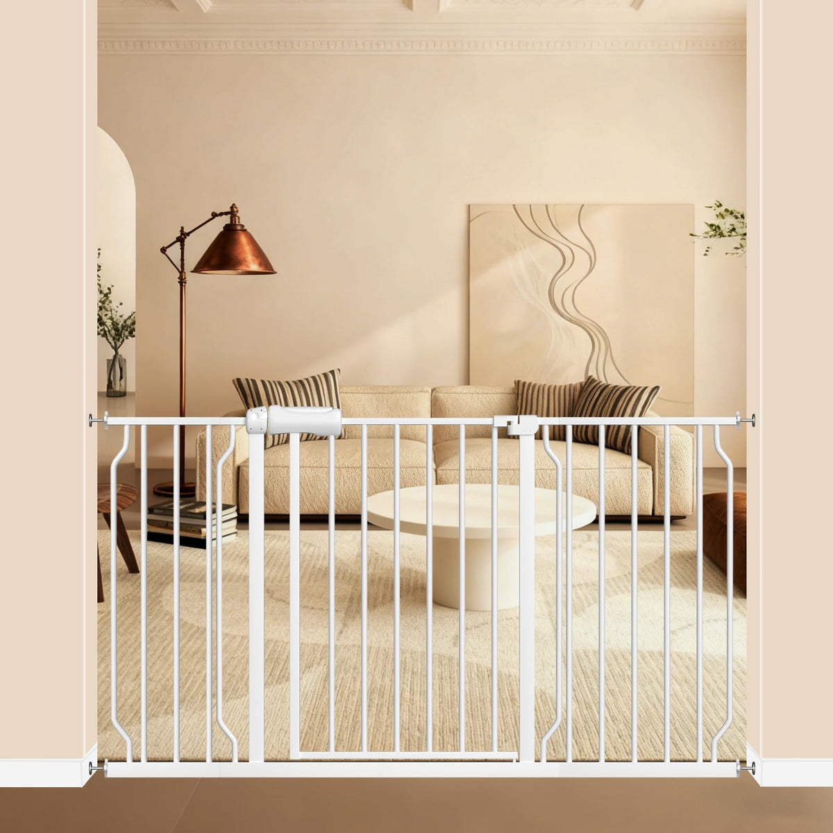 ALLAIBB extra-wide gate front view illustrates sturdy steel design for safe, unobtrusive use