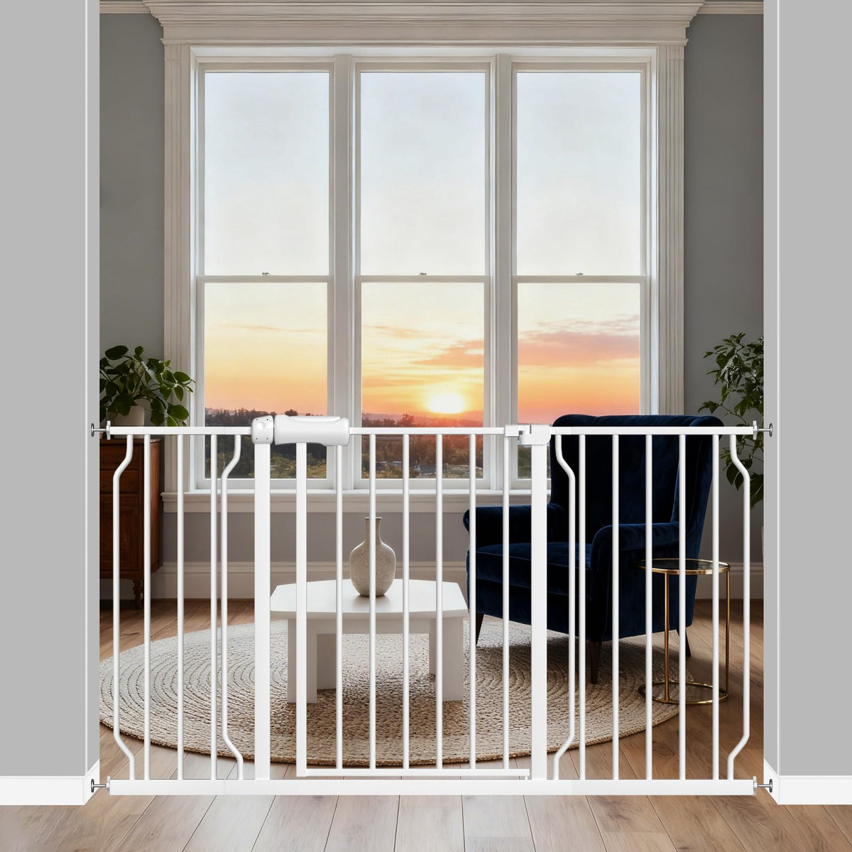 ALLAIBB extra-wide gate installation guide shows easy, tool-free setup for doorways