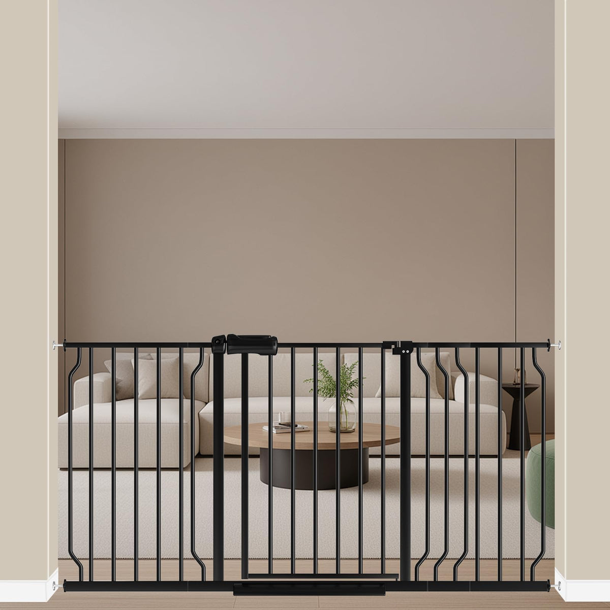 ALLAIBB extra-wide pressure-mount gate closed, sturdy barrier for babies and pets.