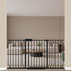 ALLAIBB extra-wide pressure-mount gate closed, sturdy barrier for babies and pets.