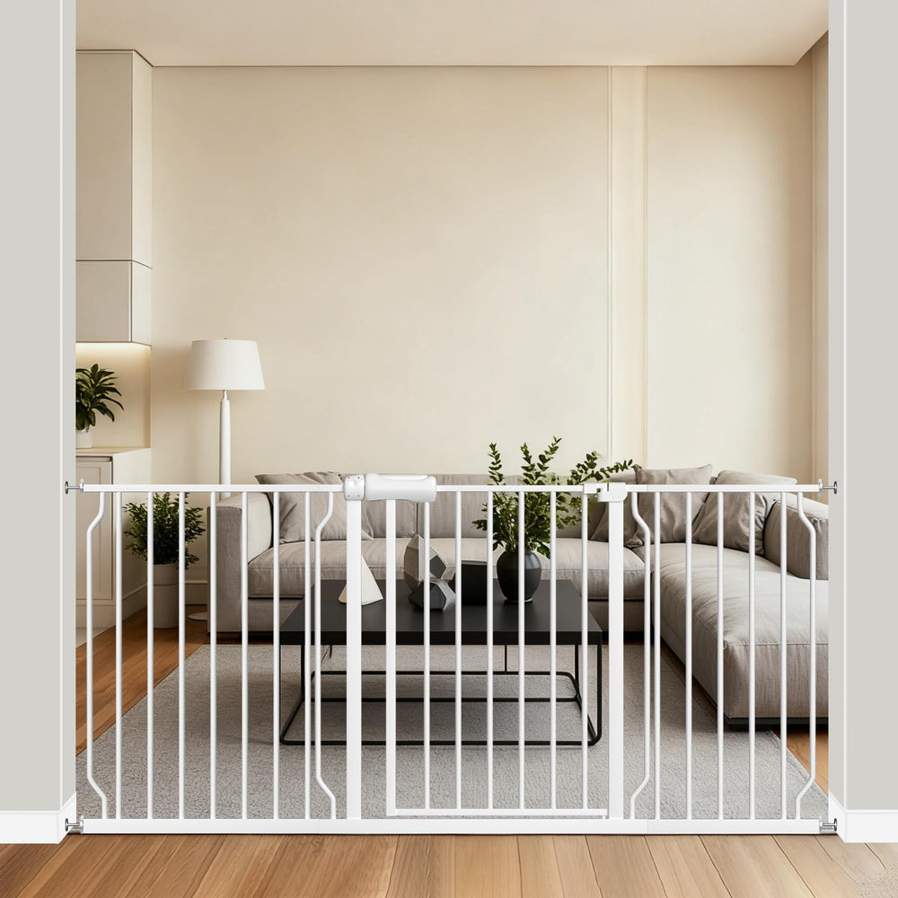 ALLAIBB extra-wide pressure-mount gate installation shows quick, tool-free setup for stairs and doorways