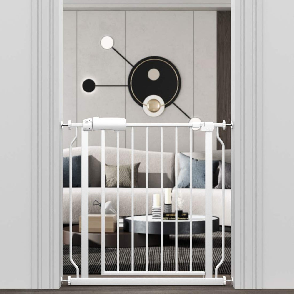 ALLAIBB narrow walk-through gate assembly shows tool-free setup and tension mounting.