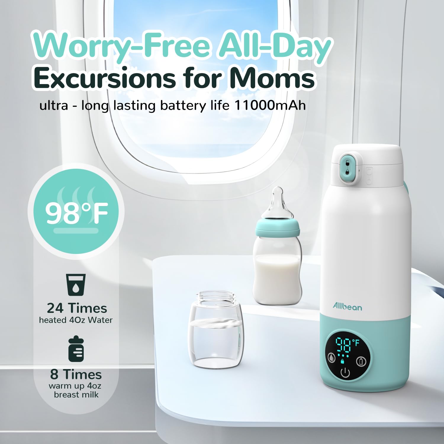 Allbean heats water to 104°F in two minutes for quick bottles.