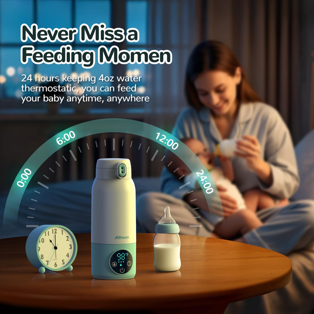 Allbean warms refrigerated milk to 98°F for ready-to-feed bottles.