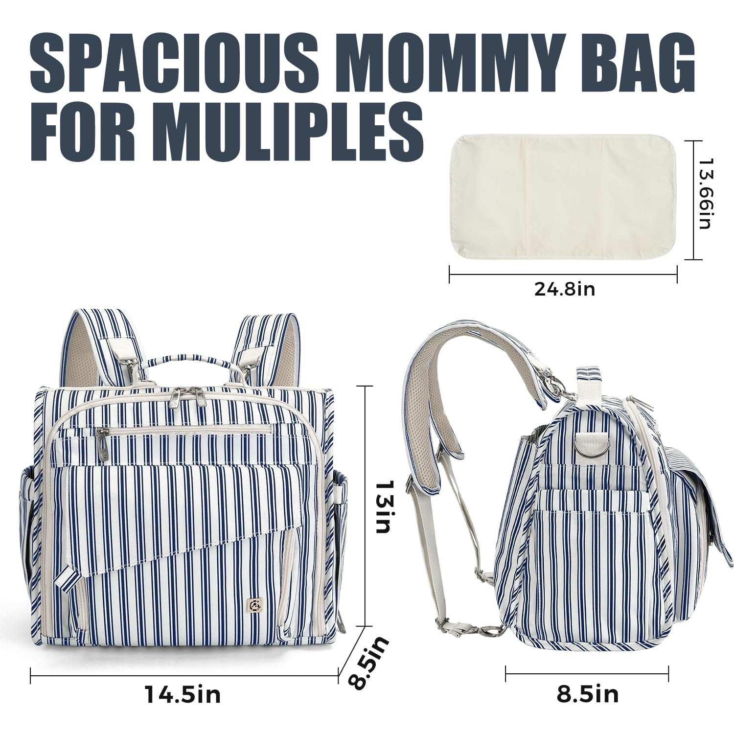 ALLCAMP diaper backpack blue stripe back view with ergonomic straps.