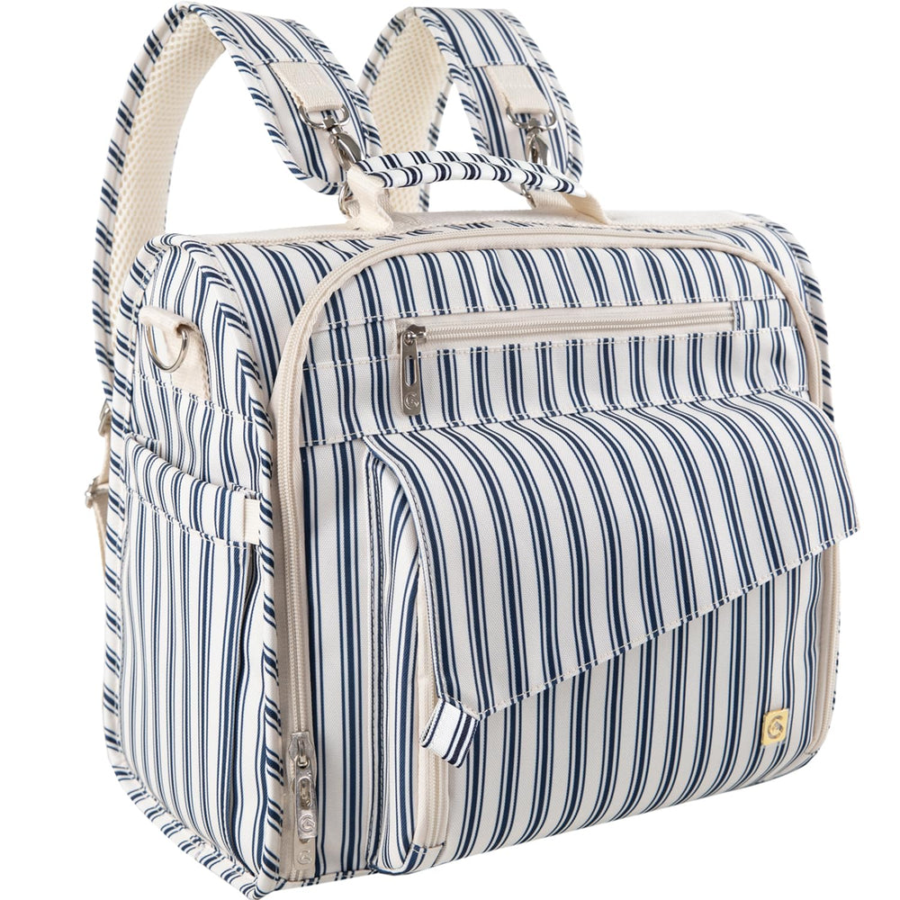 ALLCAMP diaper backpack blue stripe front view showing large main compartment.