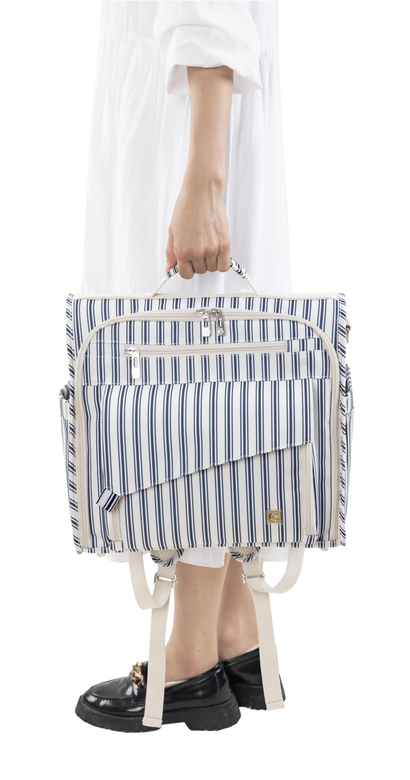 ALLCAMP diaper backpack blue stripe convertible tote design for versatile carrying.