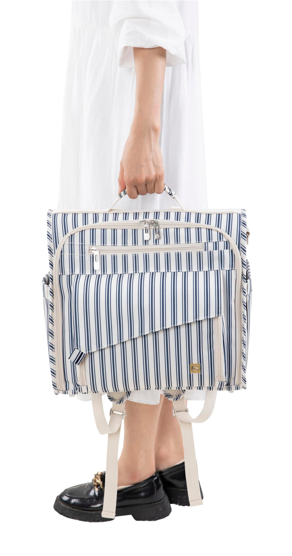 ALLCAMP diaper backpack blue stripe convertible tote design for versatile carrying.