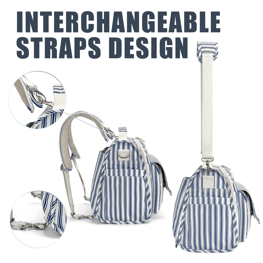 ALLCAMP diaper backpack blue stripe insulated bottle pockets in use.