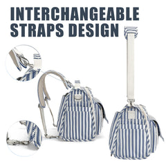 ALLCAMP diaper backpack blue stripe insulated bottle pockets in use.