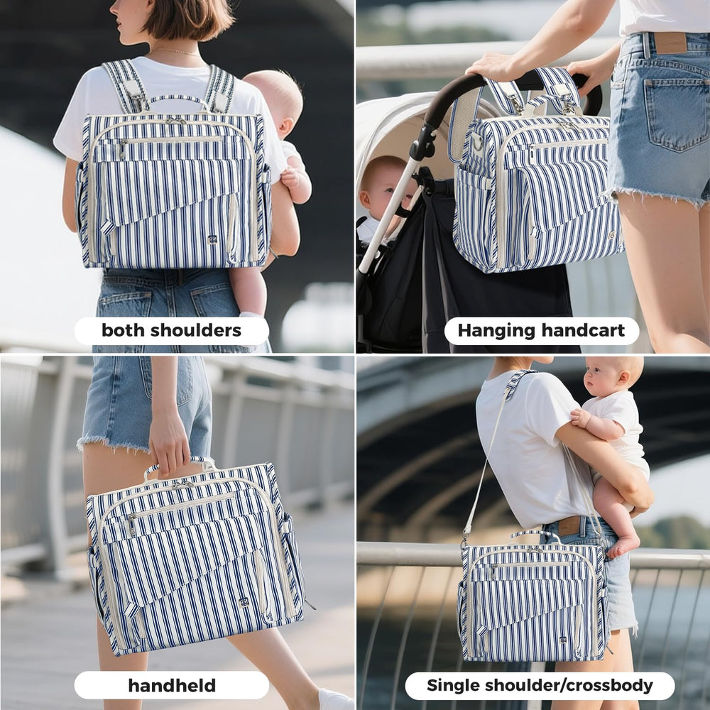 ALLCAMP diaper backpack blue stripe mommy pocket for quick phone access.