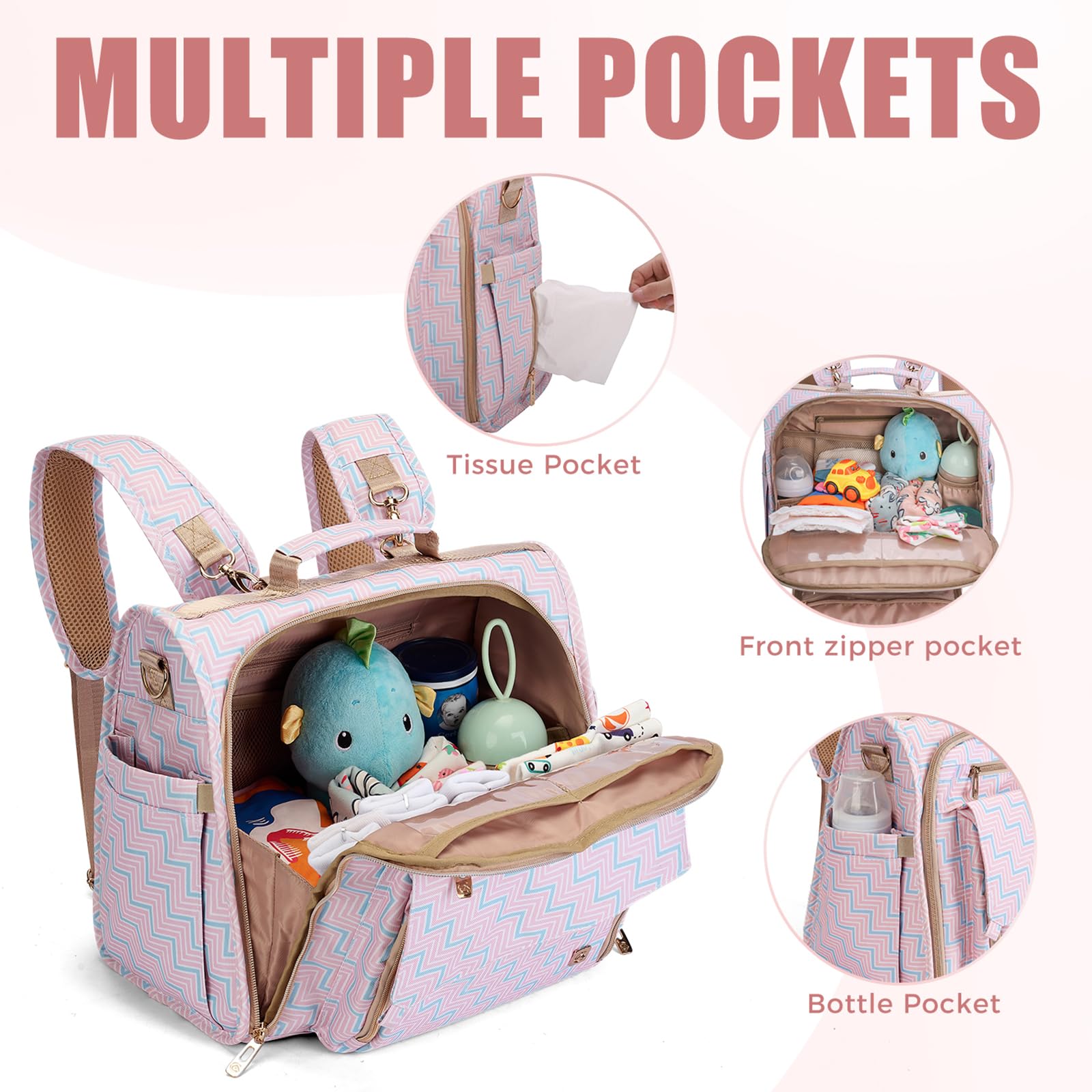 ALLCAMP Diaper Backpack with stroller hooks demonstrates hands-free travel