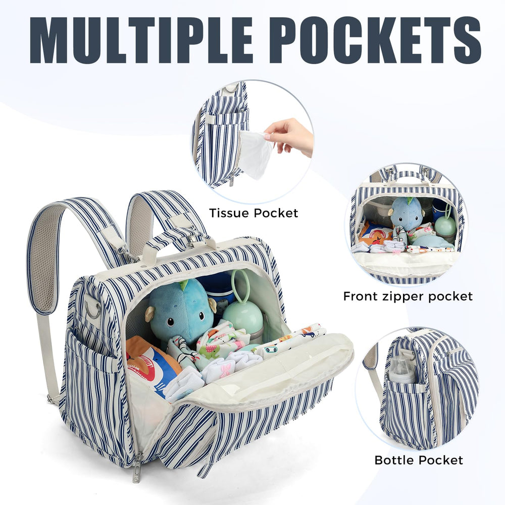 ALLCAMP diaper backpack blue stripe waterproof fabric close-up for stain resistance.