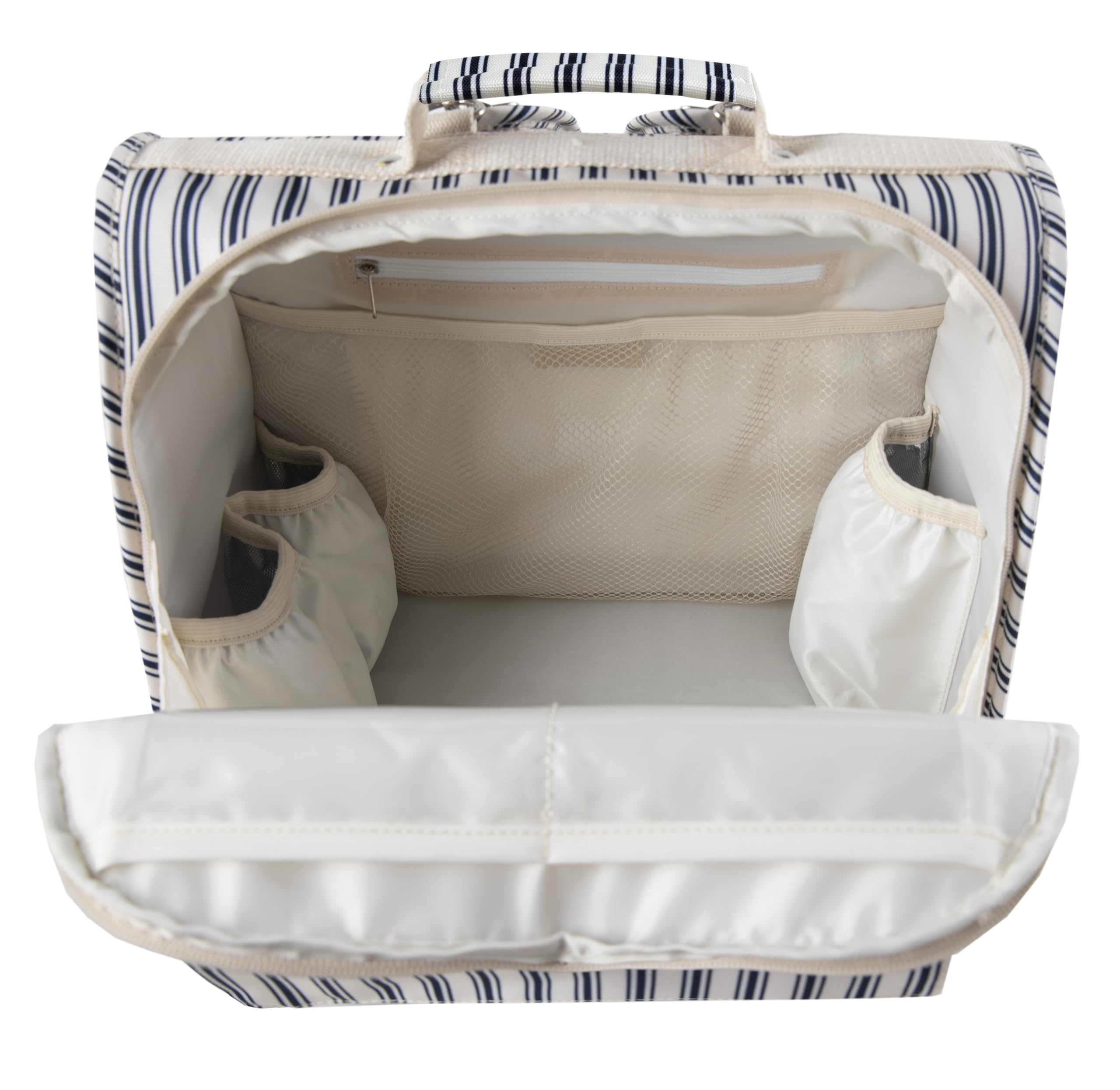 ALLCAMP diaper backpack blue stripe wide opening for easy item retrieval.