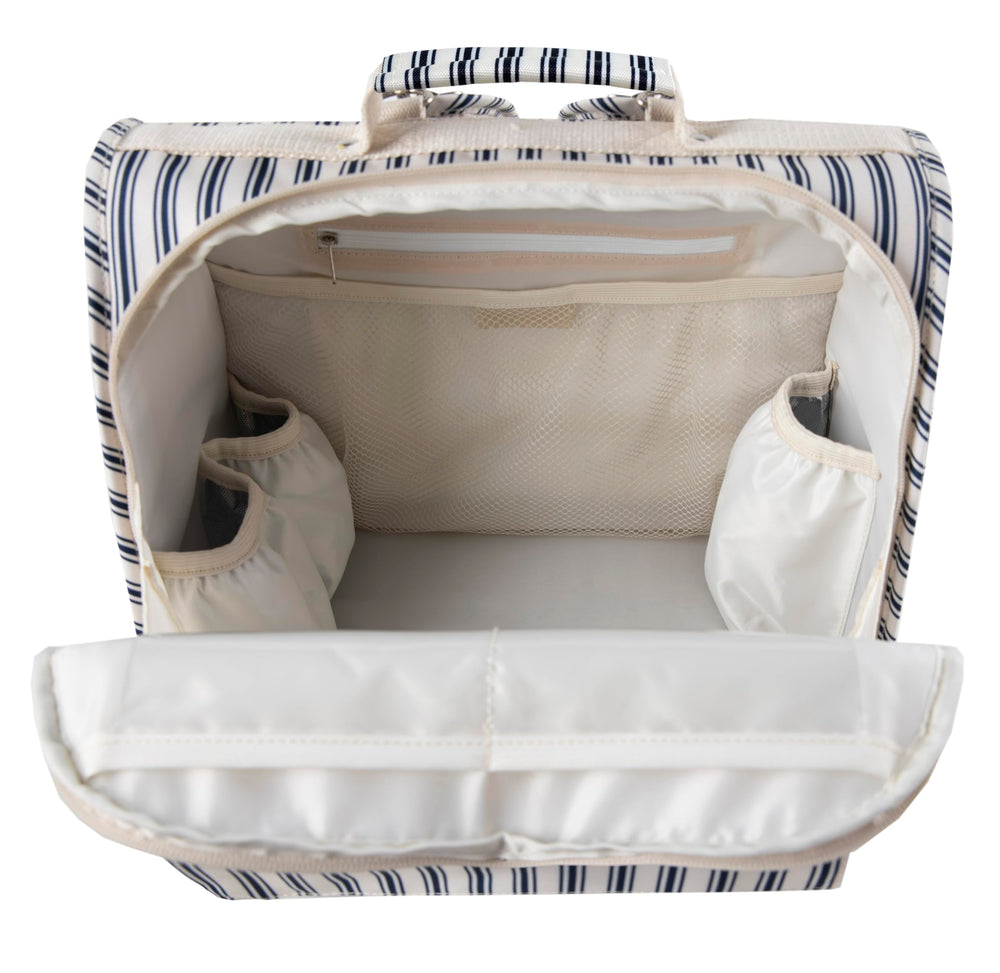 ALLCAMP diaper backpack blue stripe wide opening for easy item retrieval.