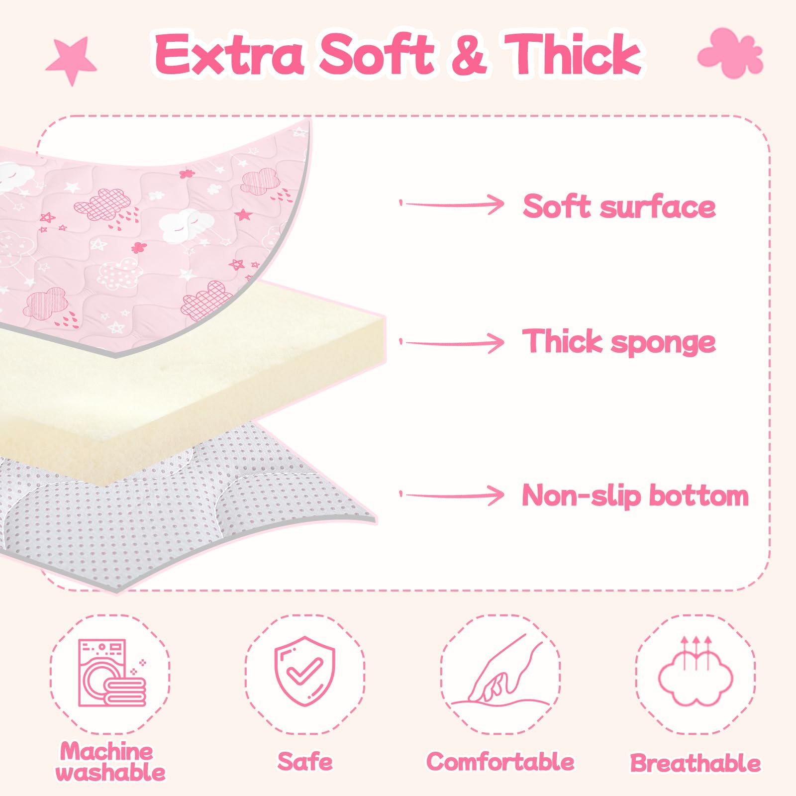 Alldomess cushioned-top surface supports gentle rolling and play.