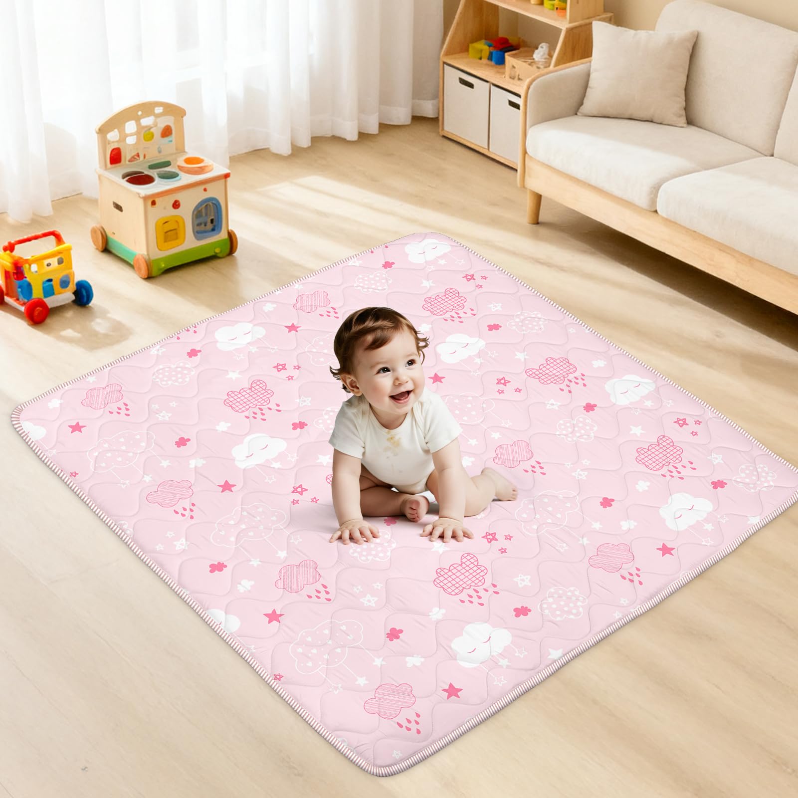 Alldomess baby play mat shows soft-foam padding for comfy tummy time.