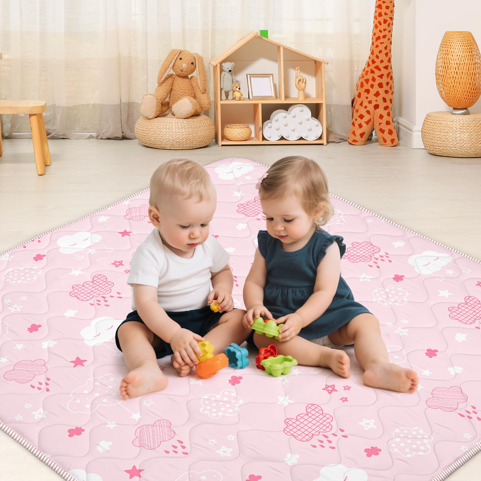 Alldomess Pink Clouds pattern engages infants during playtime.