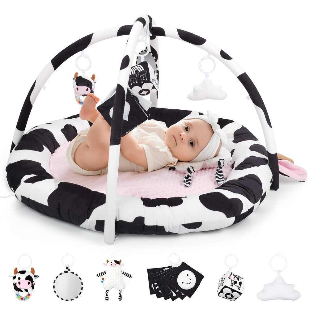 Alldomess Pink Cow Play Gym assembled for cozy tummy time and soft-floor play