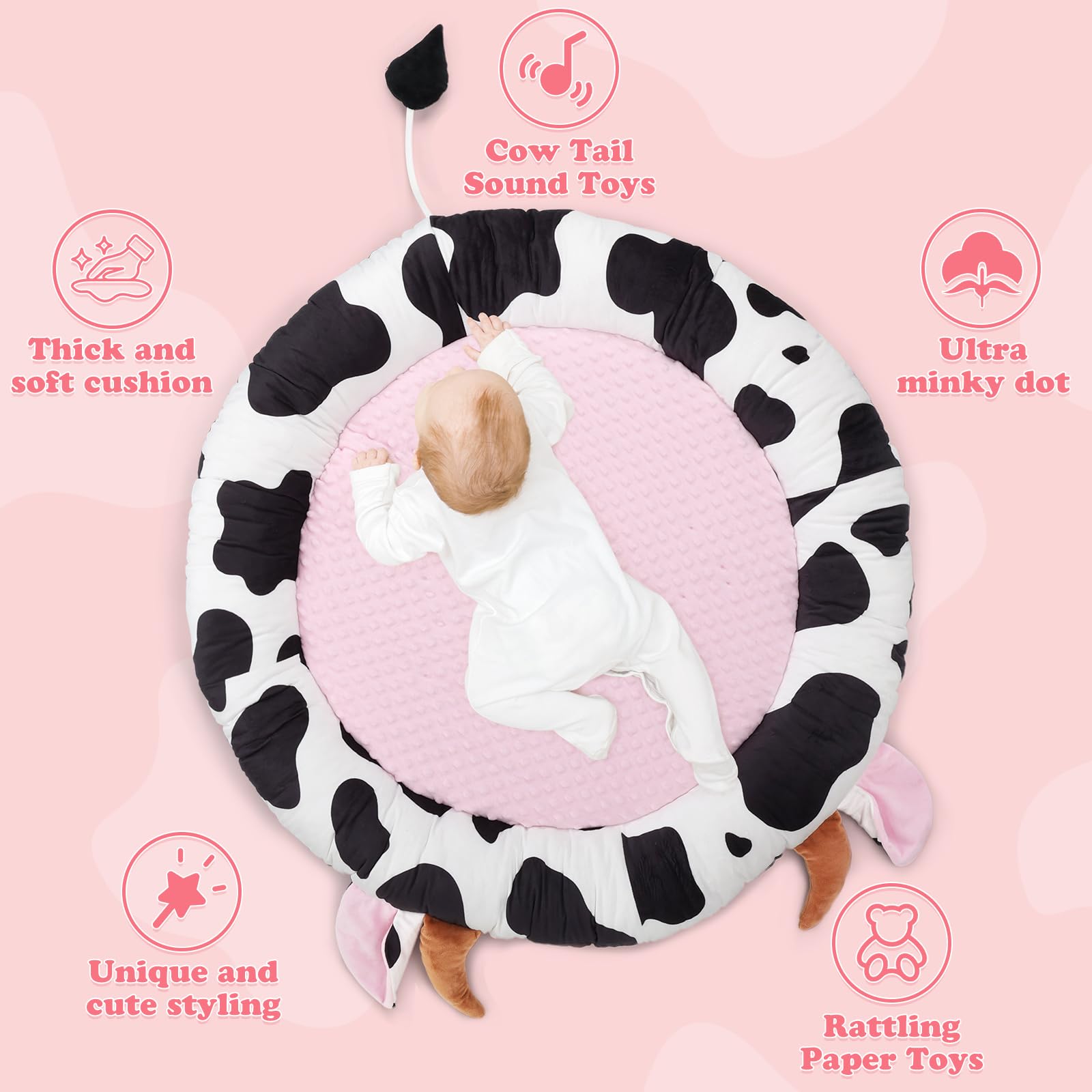 Alldomess Pink Cow Play Gym with six toys promoting sensory play