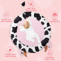 Alldomess Pink Cow Play Gym with six toys promoting sensory play