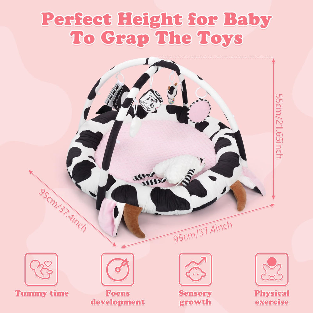 Alldomess Pink Cow Play Gym in tummy time setup with space to explore