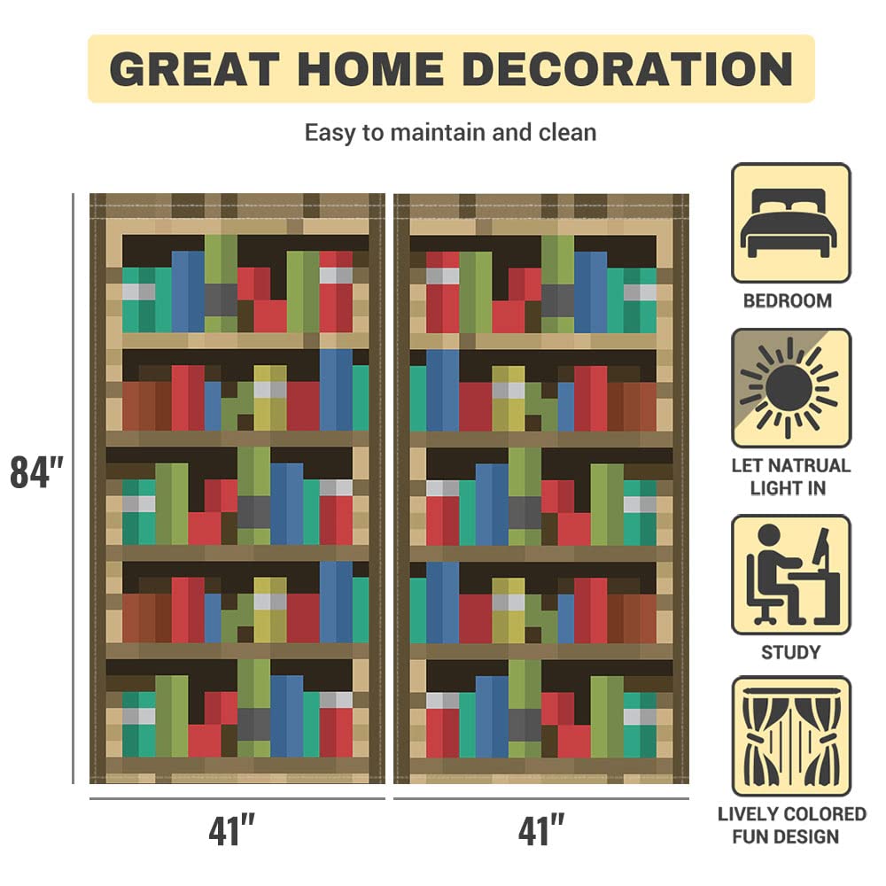 Allenjoy Pixelated Bookshelf Curtains packaging shows two-panel set for easy setup