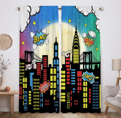 Allenjoy superhero skyline curtains fabric closeup shows soft microfiber texture for gentle playroom comfort.