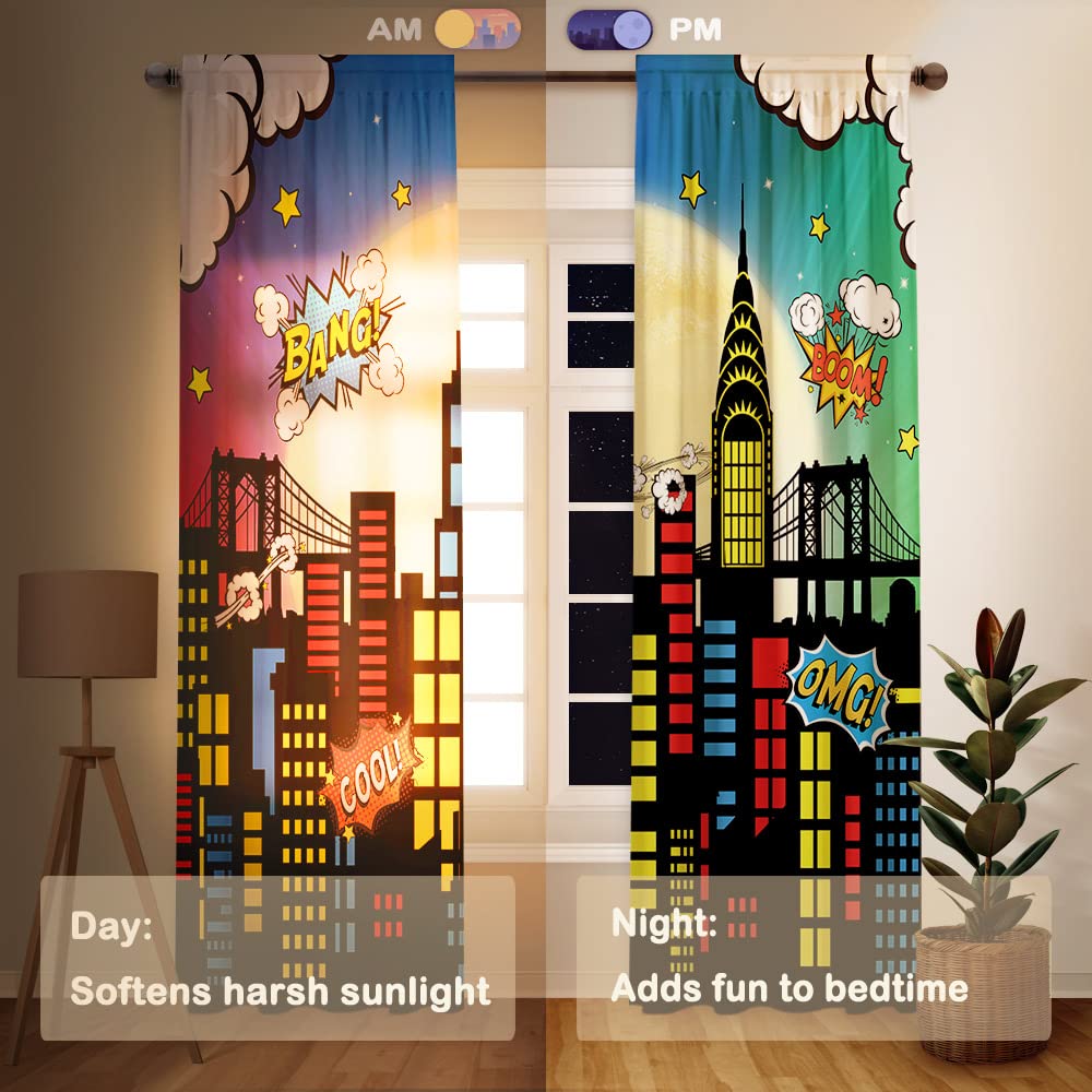 Allenjoy superhero skyline curtains bedroom setup with panels ready to install.