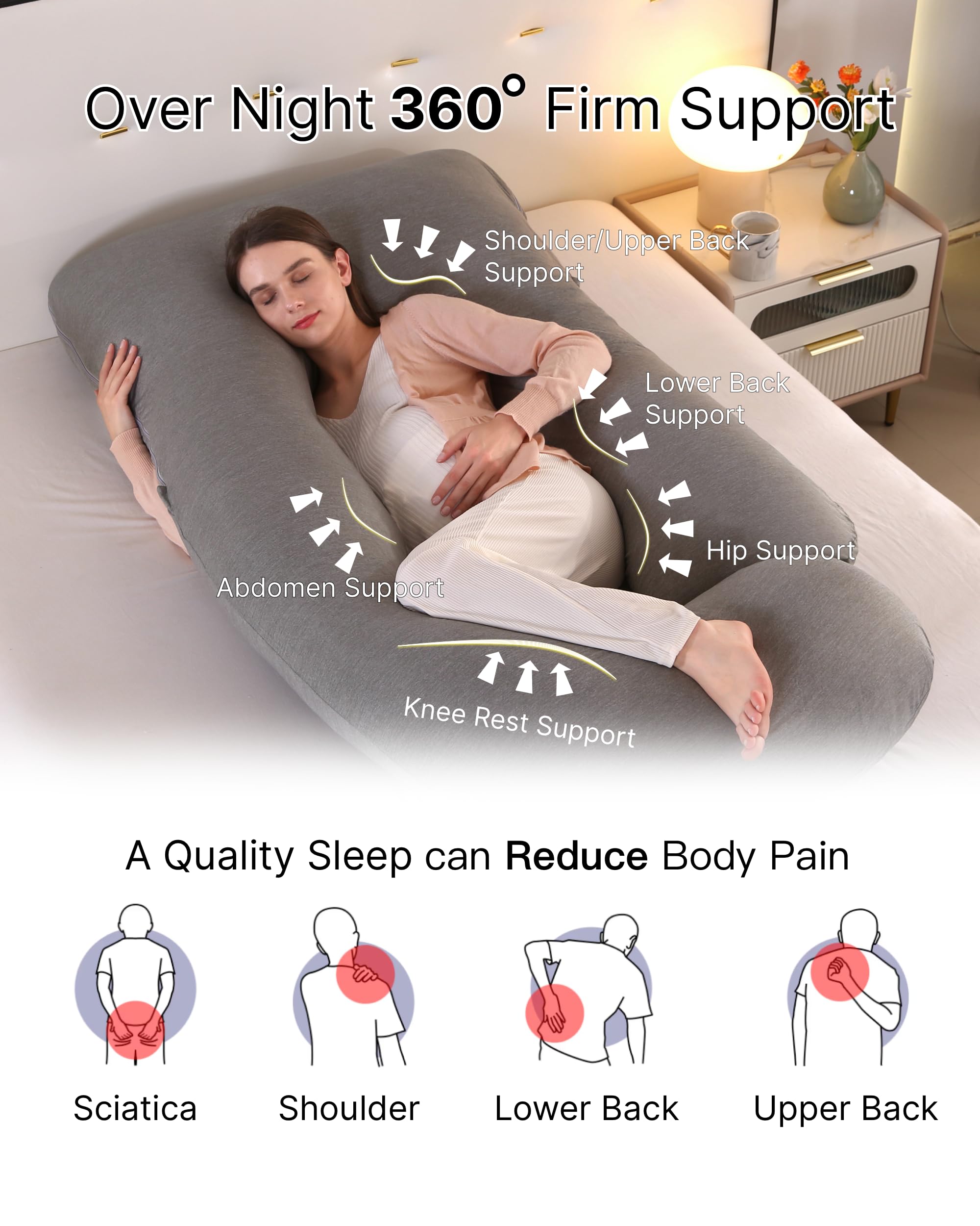 ALLOPERA pregnancy pillow C-shape ergonomic design supports back and belly.