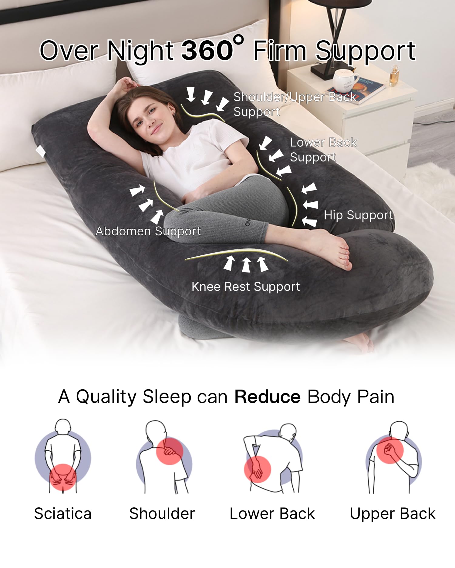 ALLOPERA pillow shows U and C shapes for versatile back and side sleeping support.