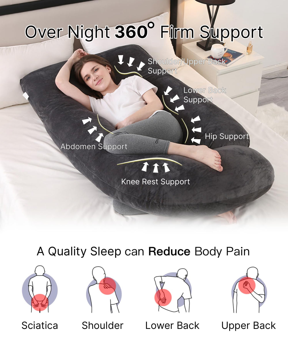 ALLOPERA pillow shows U and C shapes for versatile back and side sleeping support.