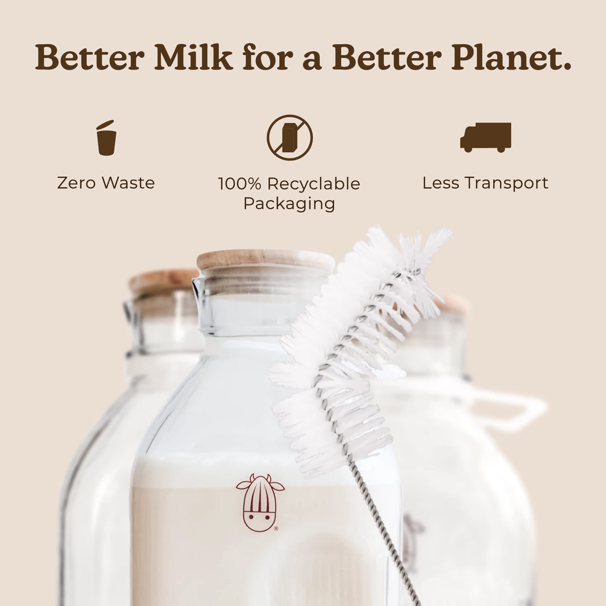 Almond Cow 13-inch-long handle reaches deep bottle corners easily