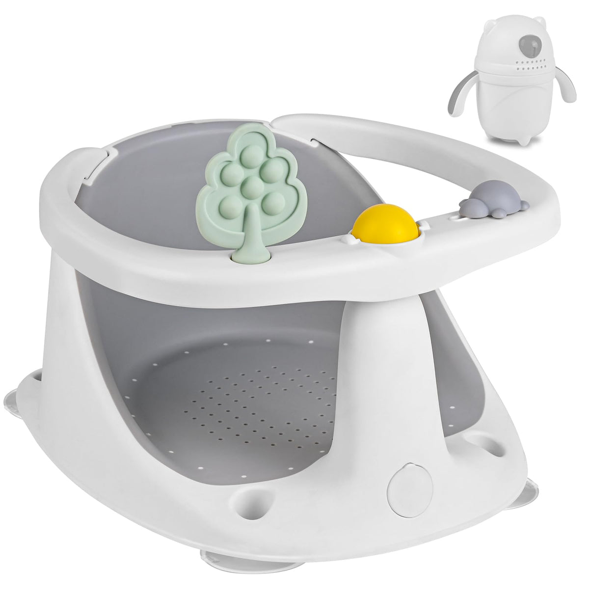 ALNUY baby bath seat shows secure sitting for stable, hands free bathing.