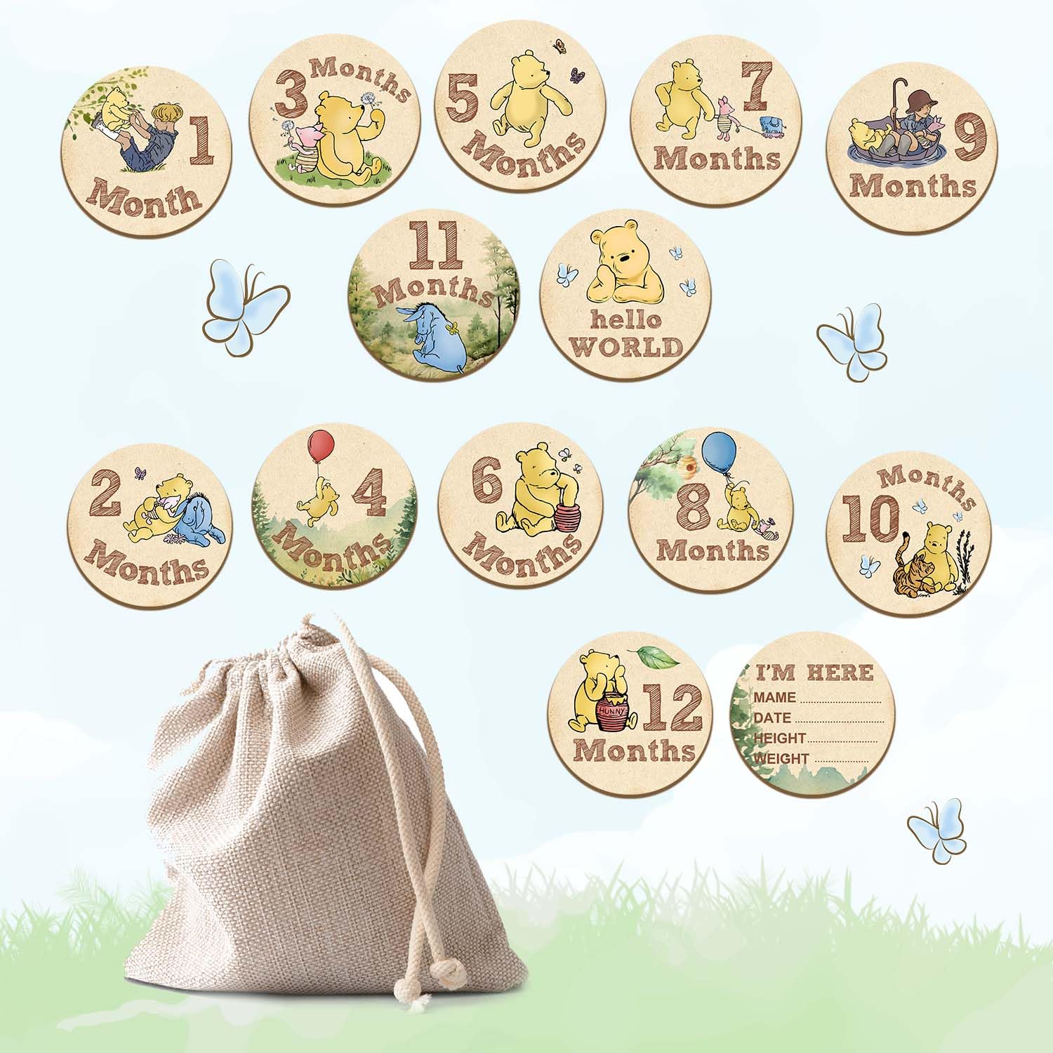 ALodr Winnie monthly announcement wooden discs for newborn portrait moments