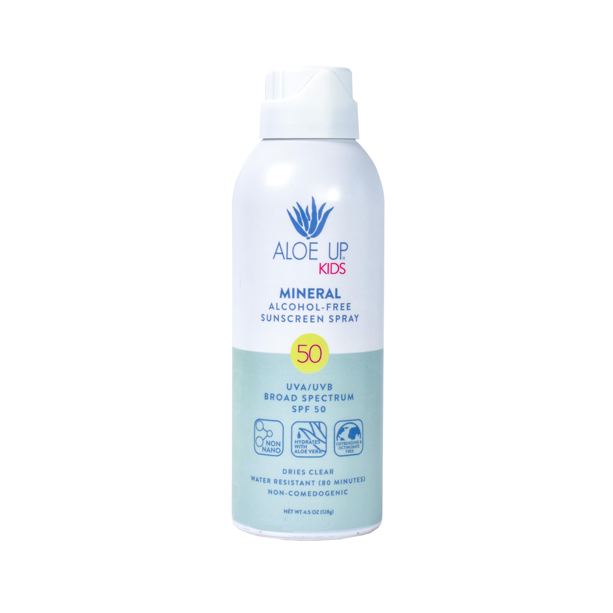 Aloe Up Kids mineral sunscreen spray bottle offering quick-absorbing protection for delicate skin.