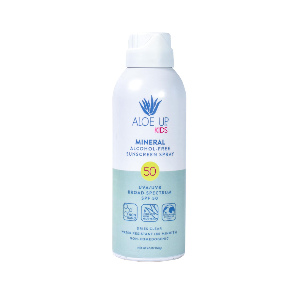 Aloe Up Kids mineral sunscreen spray bottle offering quick-absorbing protection for delicate skin.