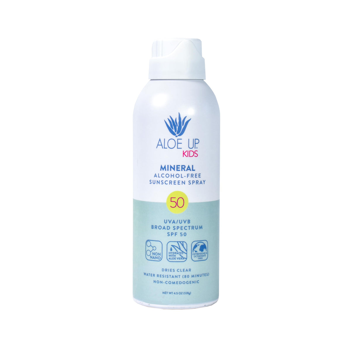 Aloe Up Kids mineral sunscreen spray bottle offering quick-absorbing protection for delicate skin.