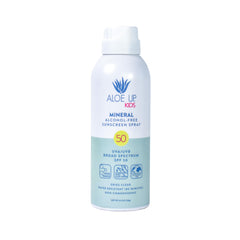 Aloe Up Kids mineral sunscreen spray bottle offering quick-absorbing protection for delicate skin.
