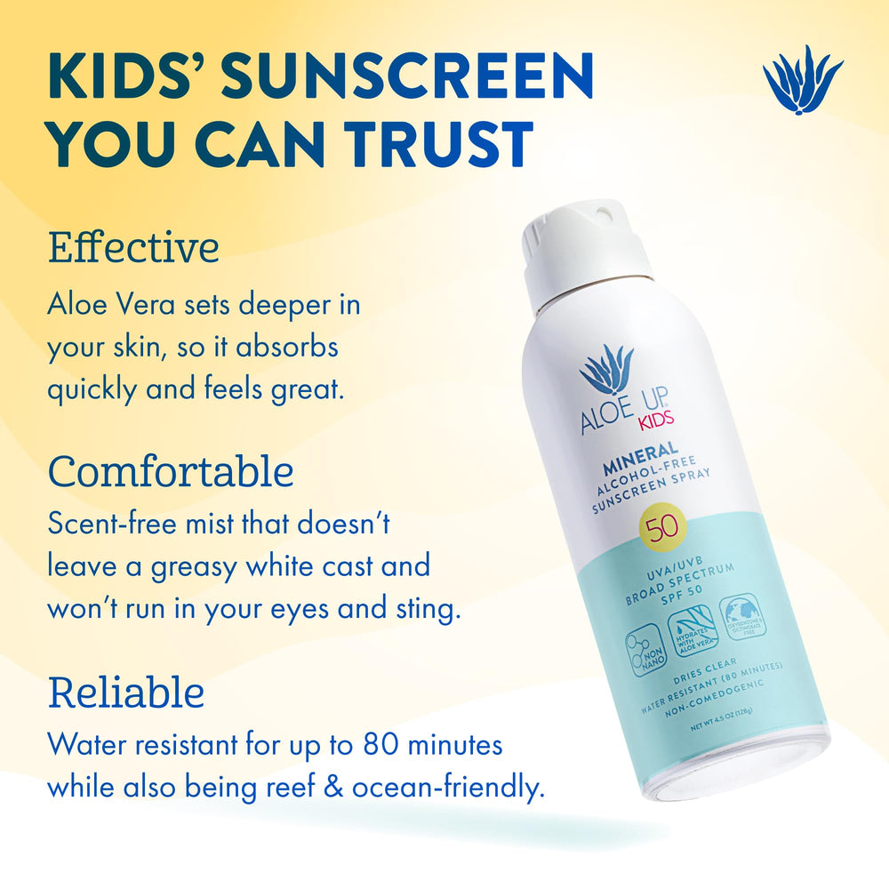 Aloe Up Kids mineral sunscreen spray mist on skin delivering even coverage.