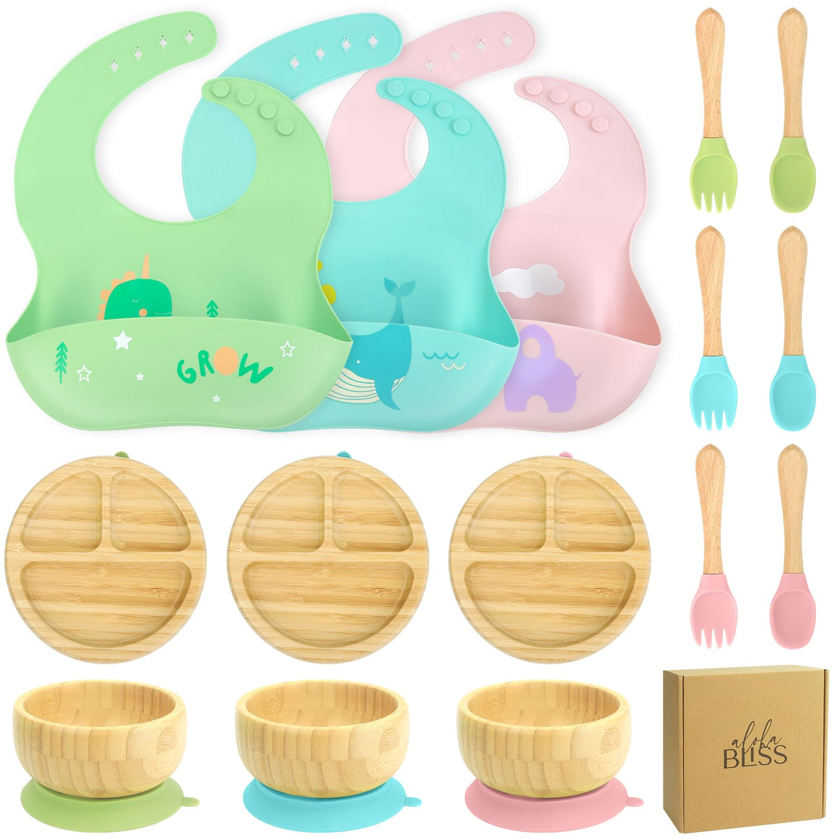 alohaBliss bamboo baby plates set suction plate keeps meals in place for mess-free self-feeding