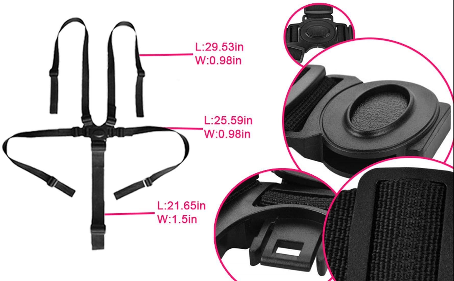 Alovexiong 5 Point Harness length adjustment highlights versatile fit for different strollers.