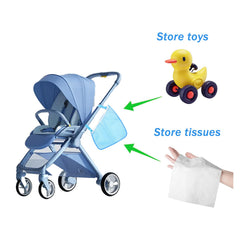 Alovexiong two-pack storage bags on stroller with non-slip straps reduce shifting.