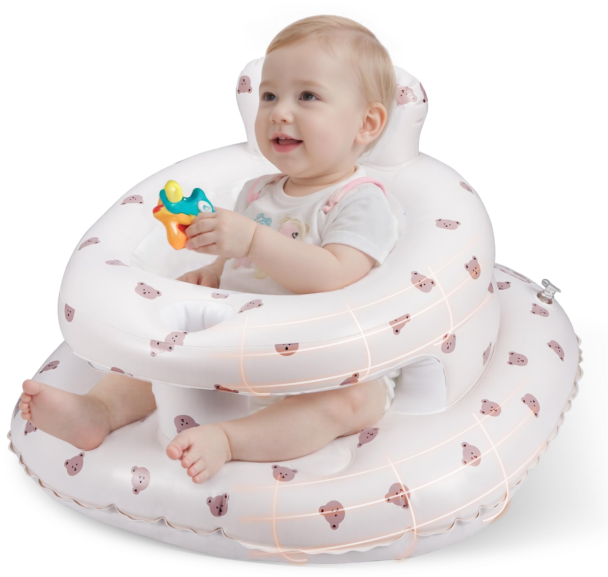 Aloxina inflatable baby seat-bear design in use for safe playtime and easy setup.