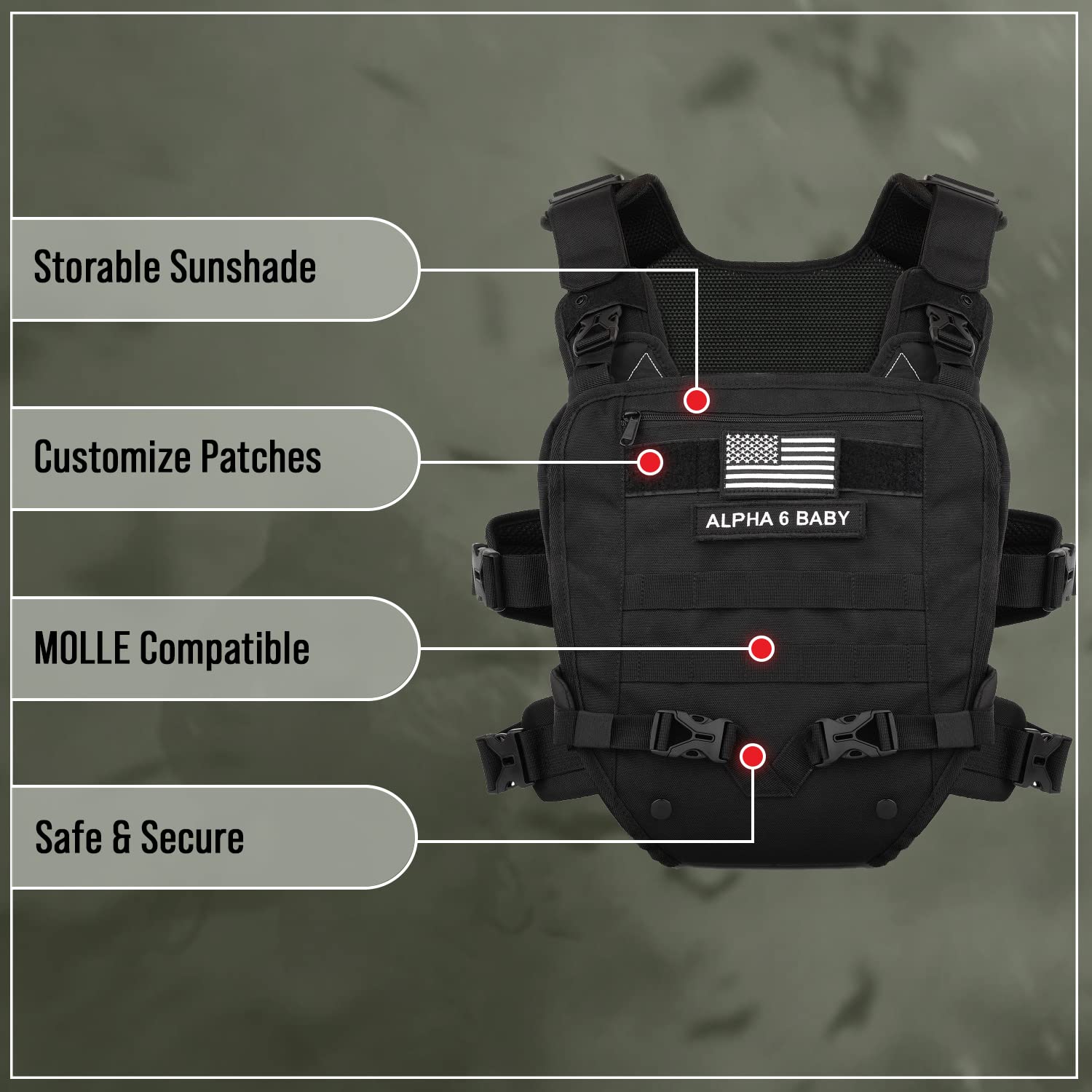Alpha Six Baby Carrier made from durable 1000D nylon for rugged adventures.