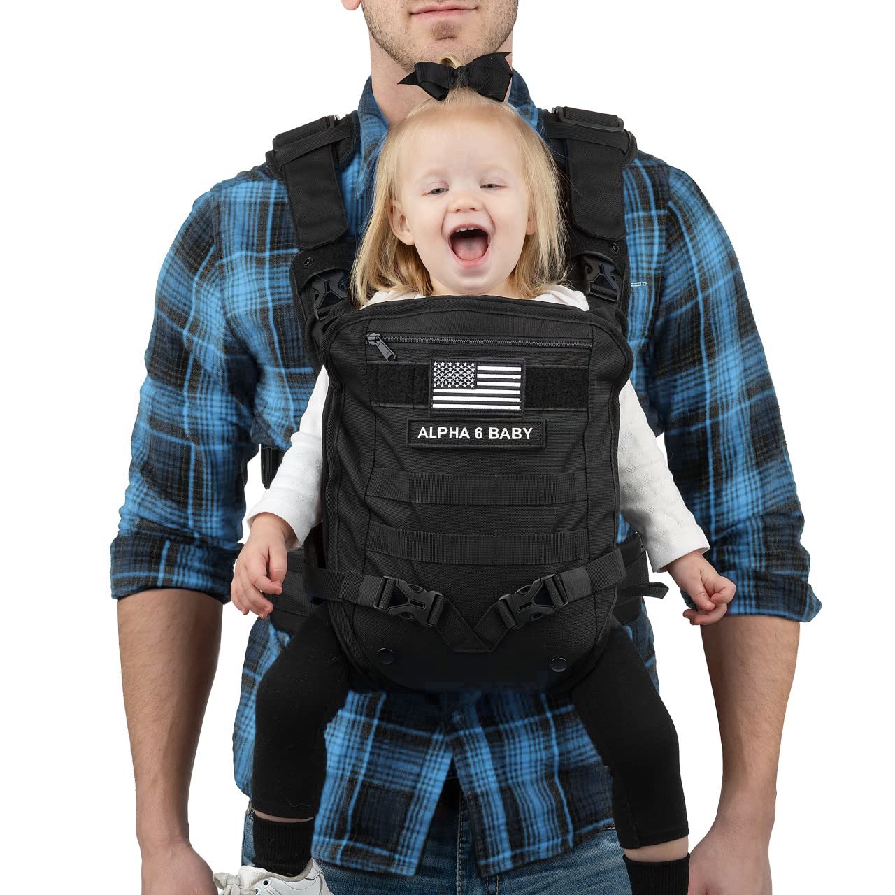 Alpha Six Baby Carrier front-facing dad demonstrates comfortable daily outings.